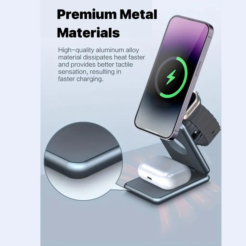 UNIQNOVA 3In1 Wireless Fast Charging Station for Iphone 16/15/14/13/12 Series, Airpods 3/2/Pro, Iwatch - Mag-Safe Metallic Foldable Charger Stand