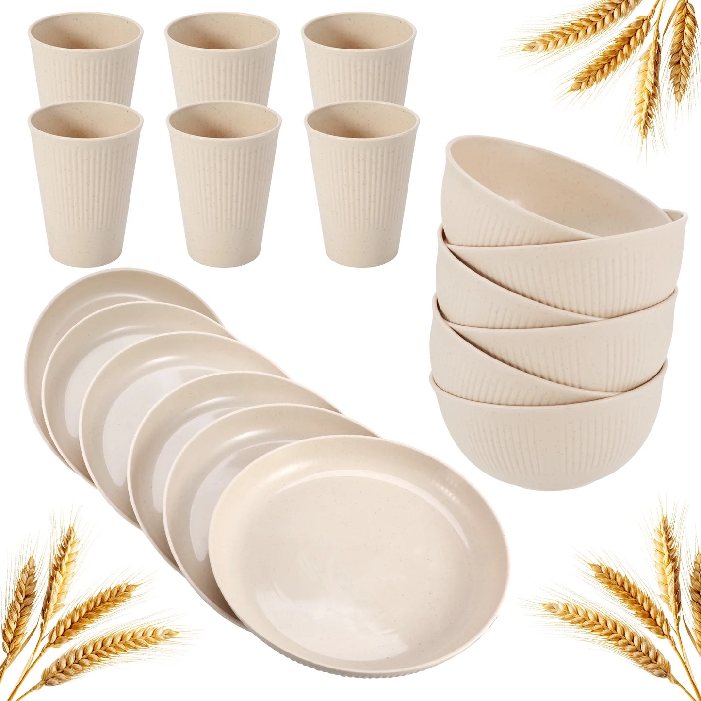 18 Pcs Wheat Straw Dinnerware Sets, Unbreakable Dinnerware Sets Kitchen Cups Plates and Bowls Sets Plates Set Reusable Microwave Dishwasher Safe