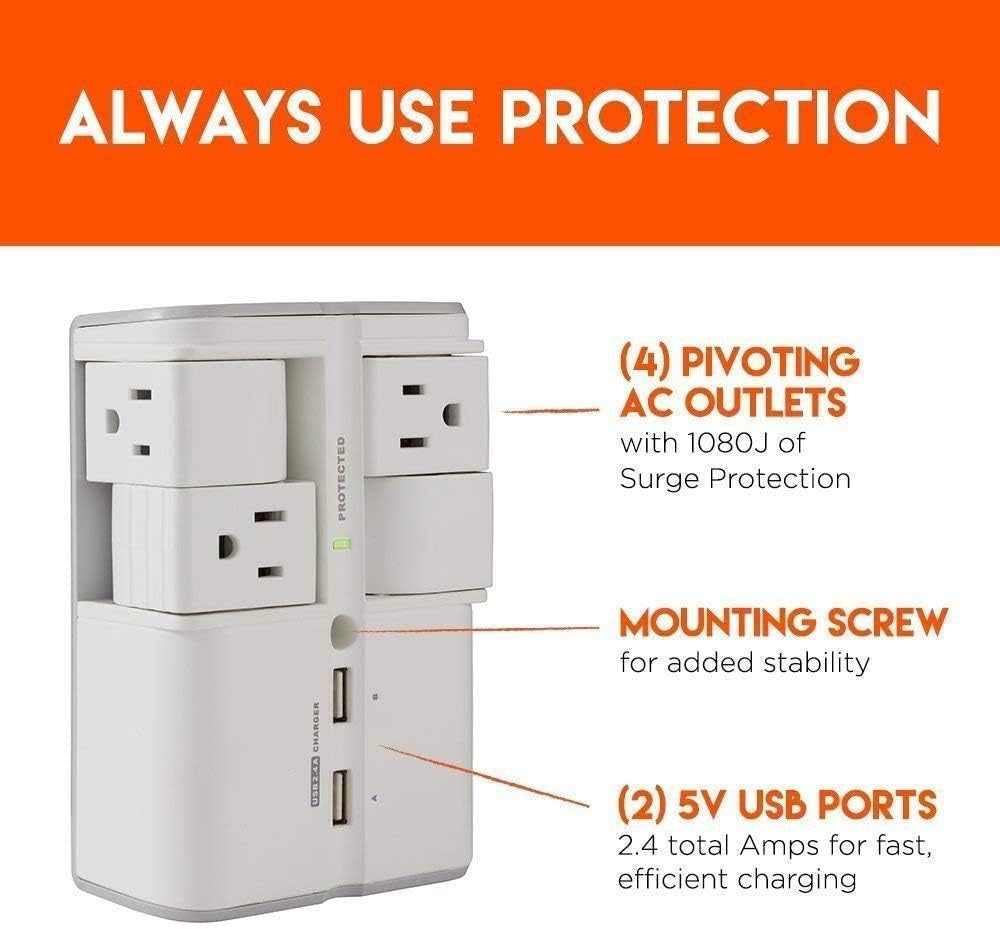 USB Wall Charger Surge Protector with 4 Pivoting AC Outlets & 2 USB Ports – Packs 1080 Joules of Surge Protection & Installs on Existing Outlets to Protect Gear (2 Pack)