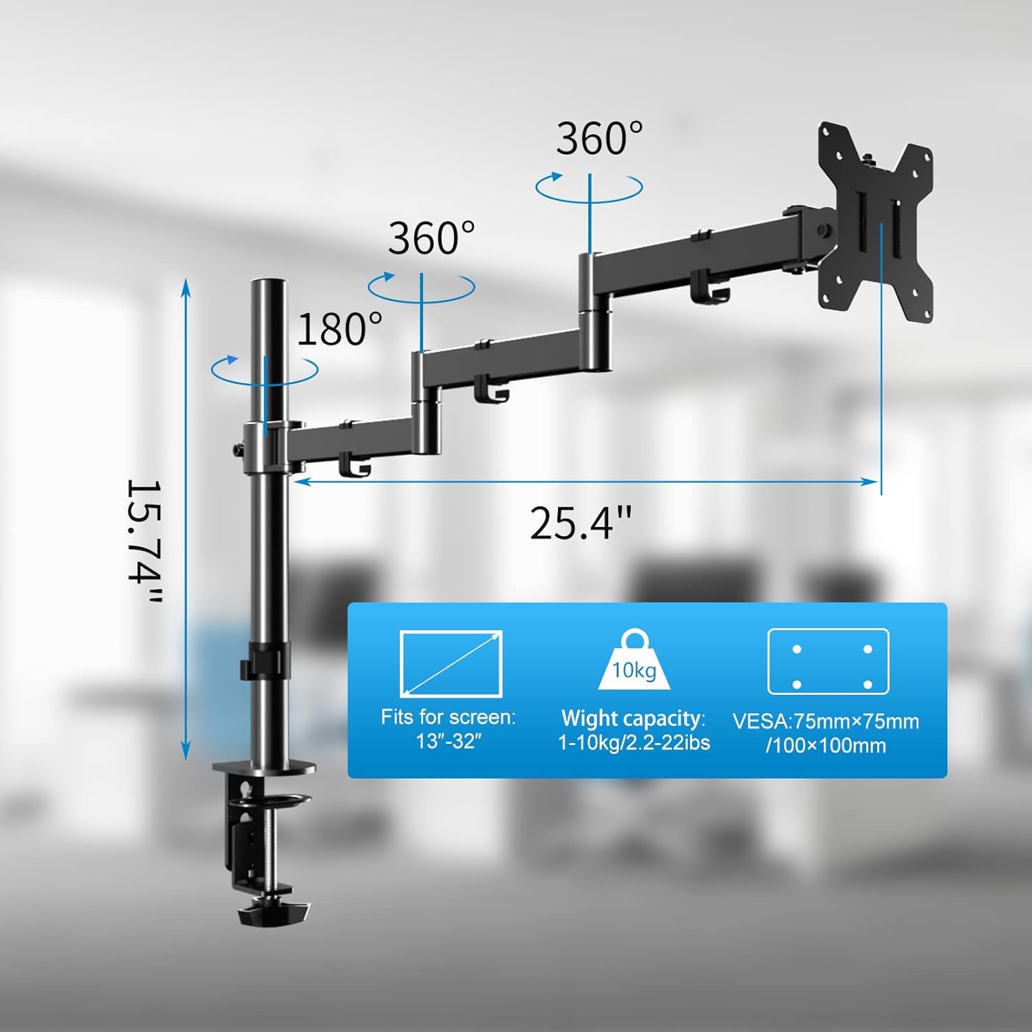 Single Long Monitor Stand, 13 to 32 Inch Computer Monitor Desk Mount, Extra Long Adjustable Monitor Arm, VESA Stand for 1 Screen, Max VESA 100X100, Single Monitor Mount, Long Monitor Arm MD9431