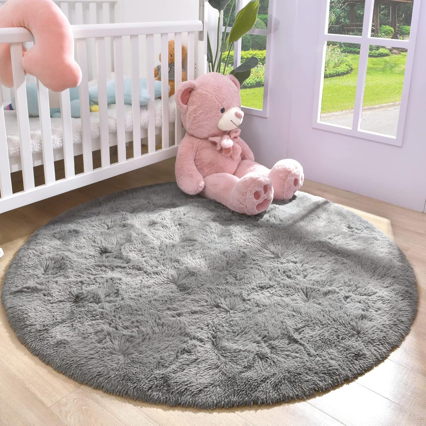 Grey round Rug for Boys, 4'X4' Fluffy Circle Rug for Kids Room, Cute Fuzzy Nursery Rugs Shaggy Play Mats for Teen Boys Furry Circular Living Room Rugs Bedroom Plush Carpet