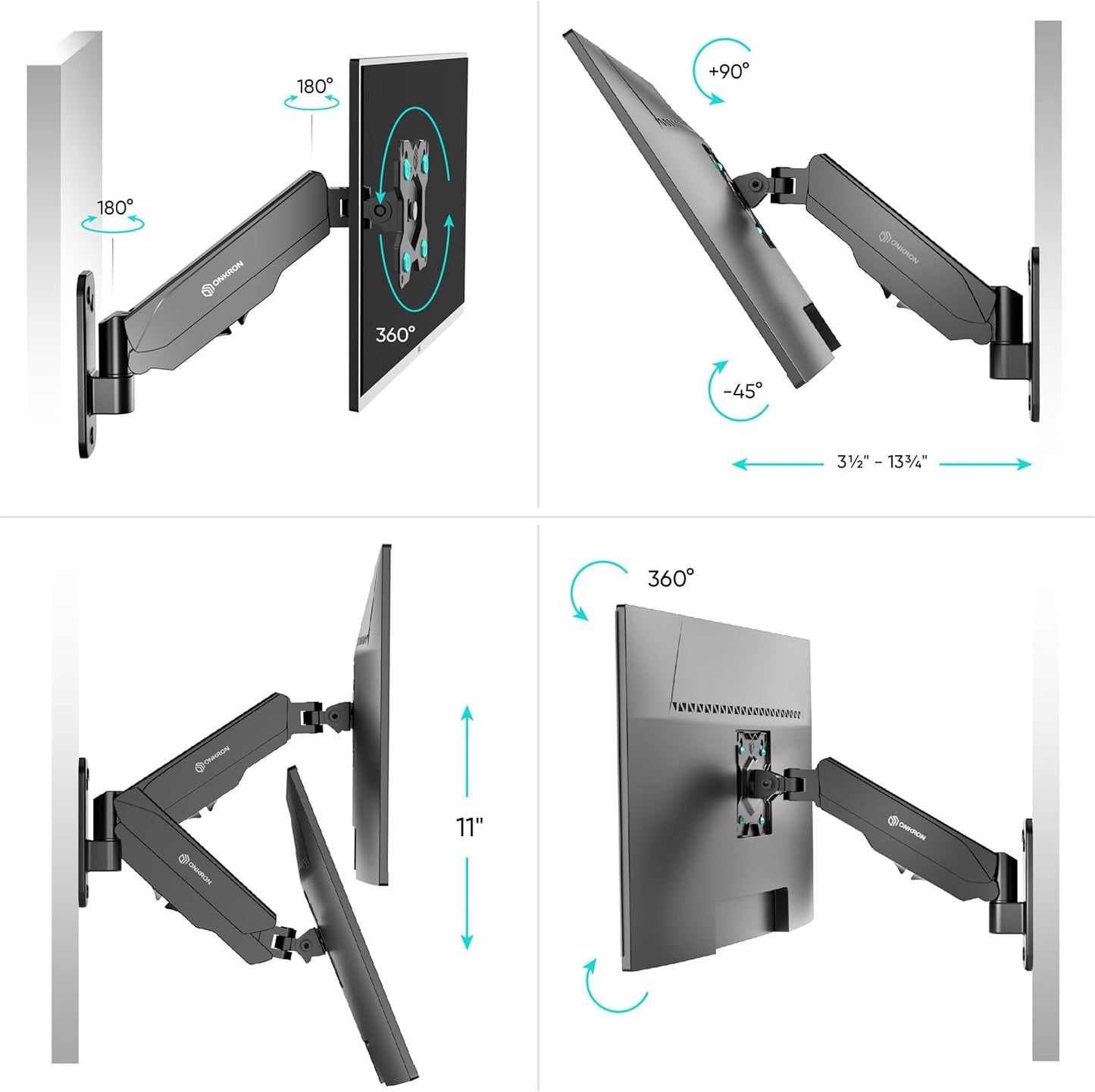 Single Monitor Wall Mount for 13-34 Inch Screen up to 17.6 Lbs, Gas Spring Monitor Arm Wall Mount 75X75 & 100X100 VESA - Height Adjustable TV Mount/Full Motion Monitor Wall Mount Arm Black