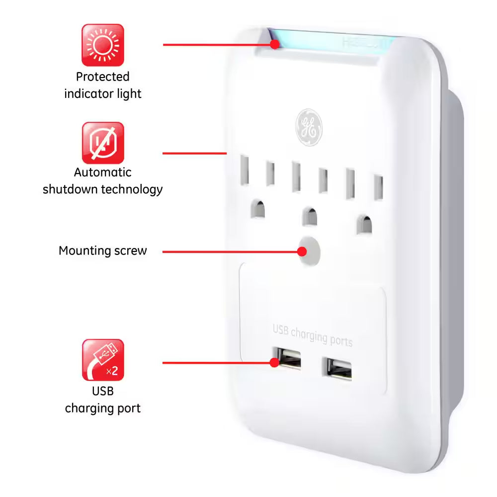 3-Outlet 2 USB Rapid Charging Port Pro Sur Protector Tap