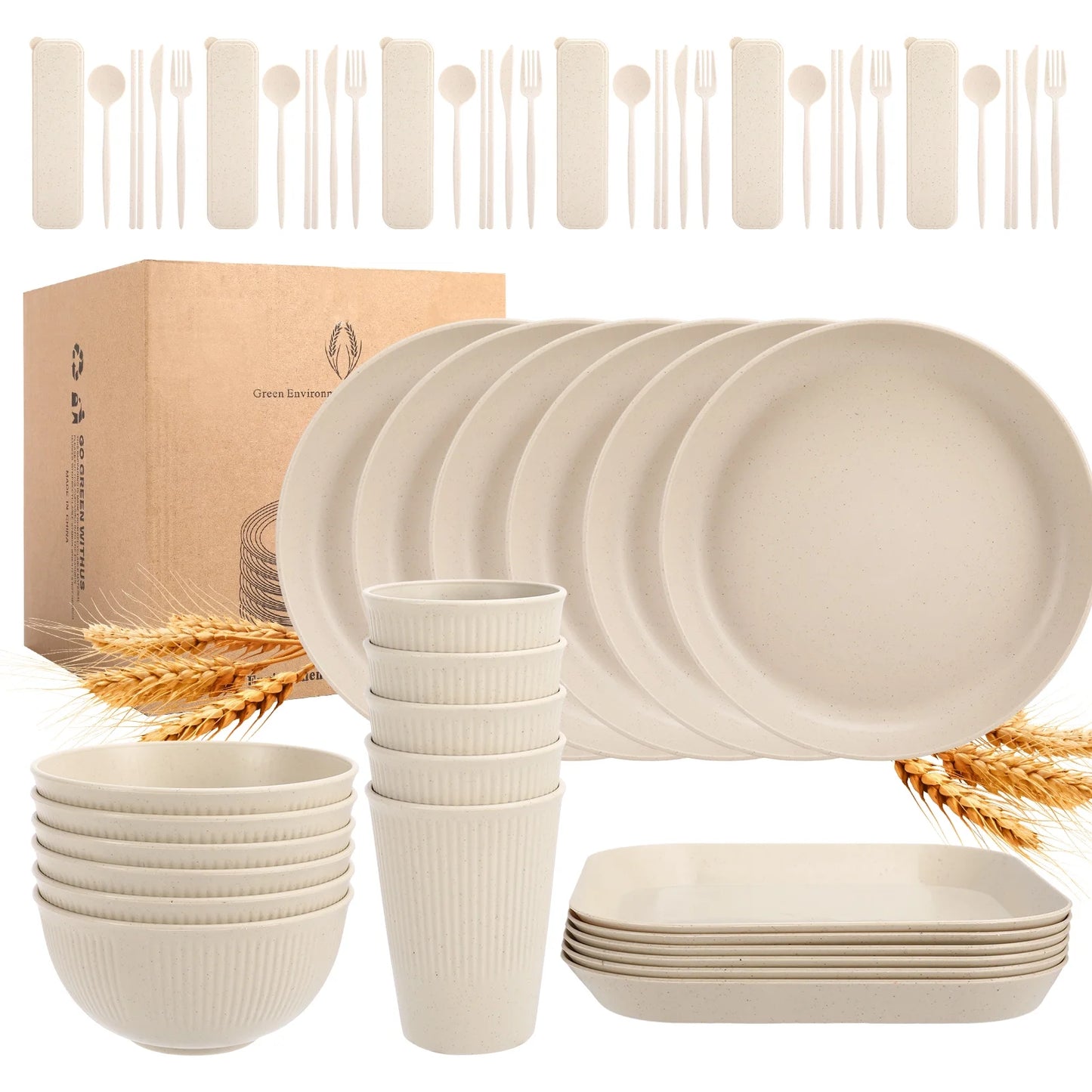 54 PCS Wheat Straw Dinnerware Sets, Unbreakable Dinnerware Set - Eco Friendly Kitchen Cups Plates and Bowls Sets for RV Outdoor Camping, Dishwasher Microwave Safe, Service for 6