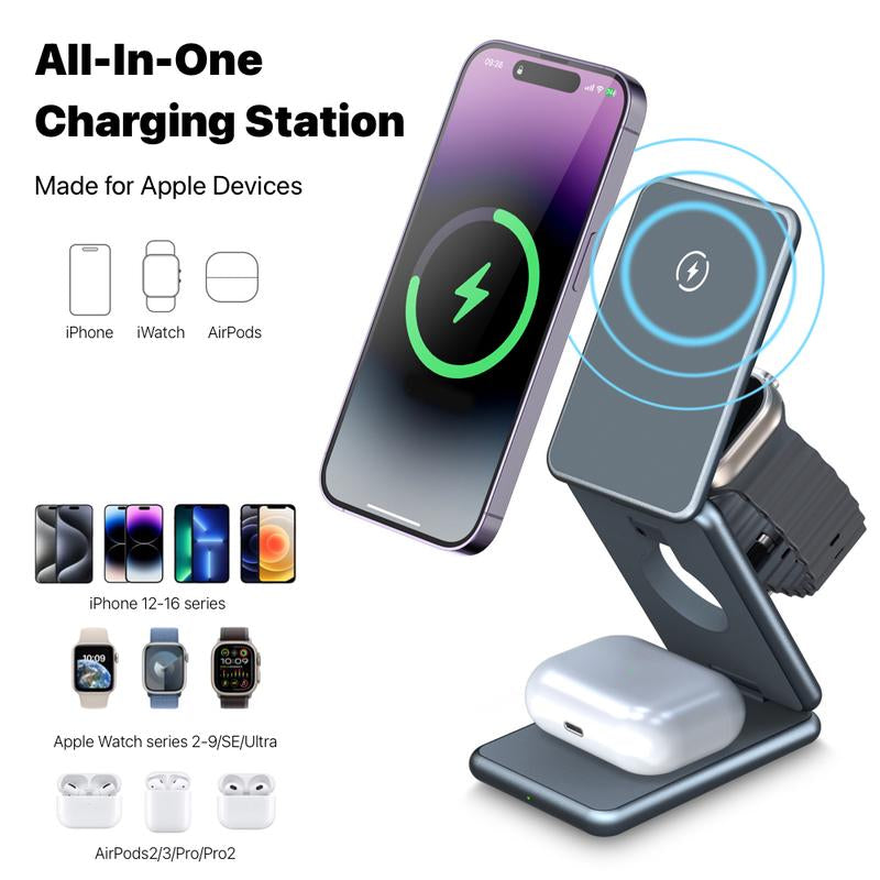 UNIQNOVA 3In1 Wireless Fast Charging Station for Iphone 16/15/14/13/12 Series, Airpods 3/2/Pro, Iwatch - Mag-Safe Metallic Foldable Charger Stand