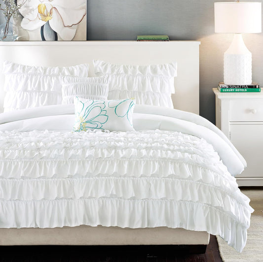 Comforter Set Twin, Waterfall Multi Layers Ruffle Comforter Set, Shabby Chic Preppy Bedding Set, Soft Twin Comforter Set for Teen Girls, Toss Pillow, Twin/Twin XL White 4 Piece