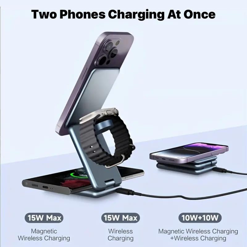 UNIQNOVA 3In1 Wireless Fast Charging Station for Iphone 16/15/14/13/12 Series, Airpods 3/2/Pro, Iwatch - Mag-Safe Metallic Foldable Charger Stand