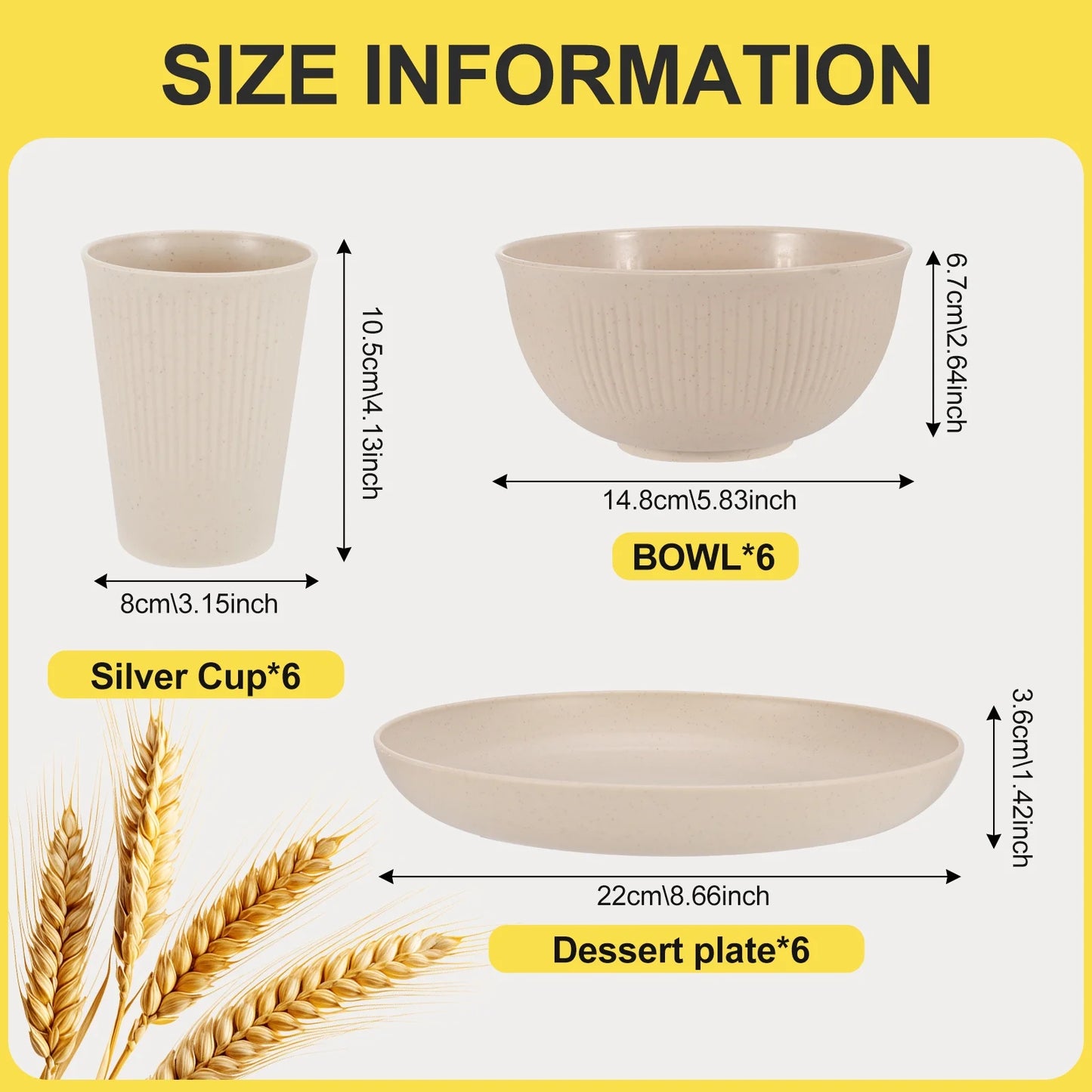 18 Pcs Wheat Straw Dinnerware Sets, Unbreakable Dinnerware Sets Kitchen Cups Plates and Bowls Sets Plates Set Reusable Microwave Dishwasher Safe