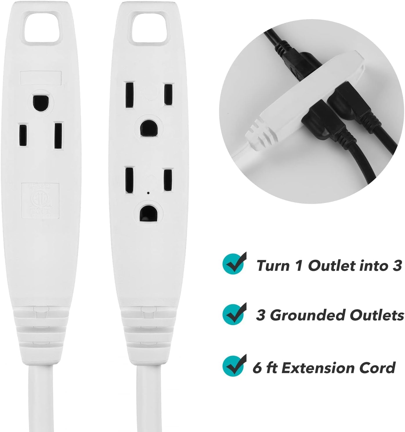 6 Ft 3 Outlet Heavy Duty Flat Plug Extension Cord 14/3 SJT for Small Tools, Appliance and Office Equipment, White, 3 Prong Grounded, DCIC-0046-DC