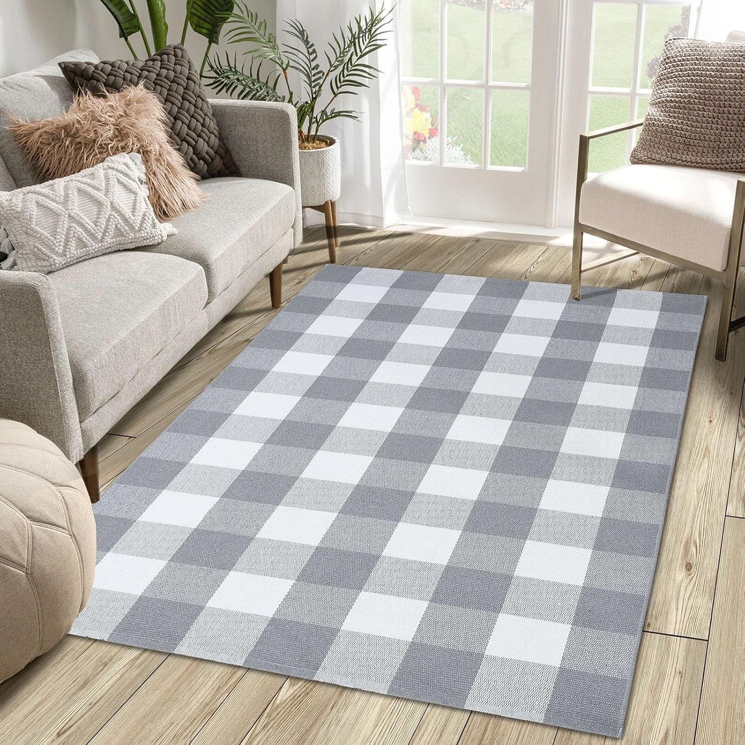 Buffalo Plaid Area Rugs 3X5 Ft Gray and White Checkered Rug Washable Front Door Mat Hand Woven Cotton Outdoor Rug Large Rug for Front Porch Kitchen Entryway Patio Bathroom