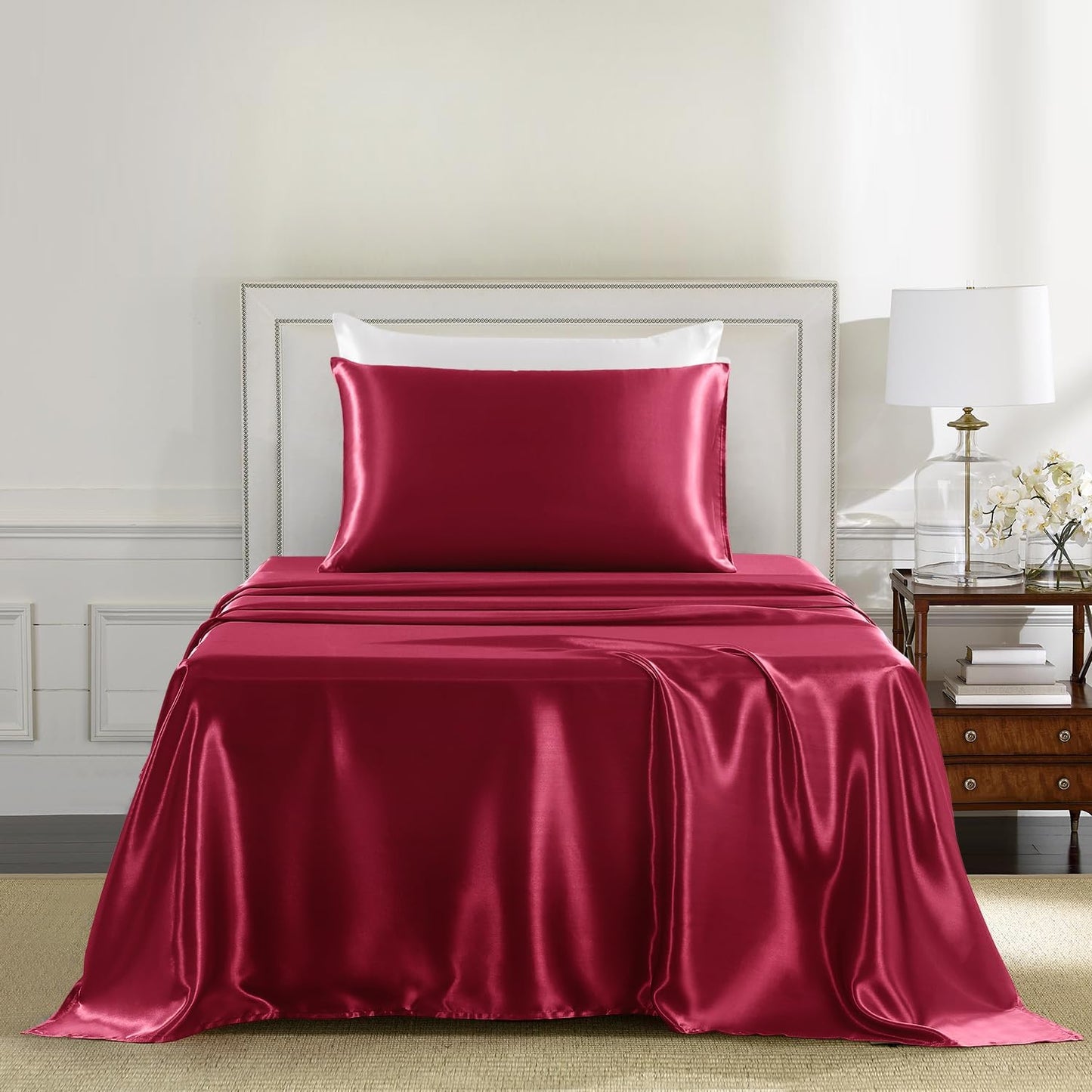 Satin Sheets Twin XL Size - 3 Pieces Luxury Silky Soft Bed Sheets, Wrinkle-Free Burgundy Satin Silk Sheet Set with 1 Deep Pocket Fitted Sheet, 1 Flat Sheet, 1 Pillow Case