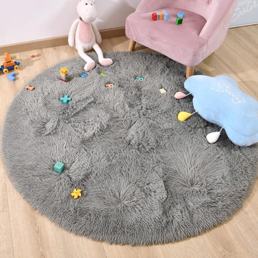 Grey round Rug for Boys, 4'X4' Fluffy Circle Rug for Kids Room, Cute Fuzzy Nursery Rugs Shaggy Play Mats for Teen Boys Furry Circular Living Room Rugs Bedroom Plush Carpet