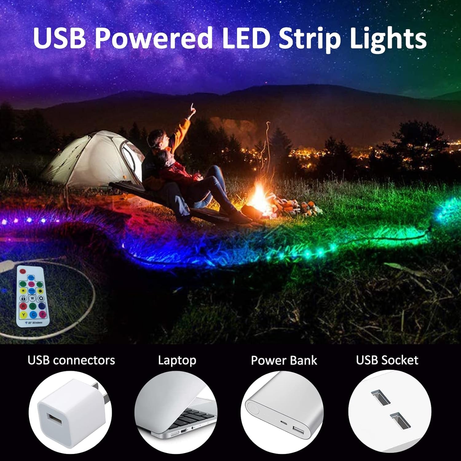 LED Strips Lights USB Powered RGB LED Lights Strip LED TV Backlight Strip with RF Remote Color Changing Strip Lights Waterproof IP65 LED Rope Lights LED Lights 2M 6.54FT