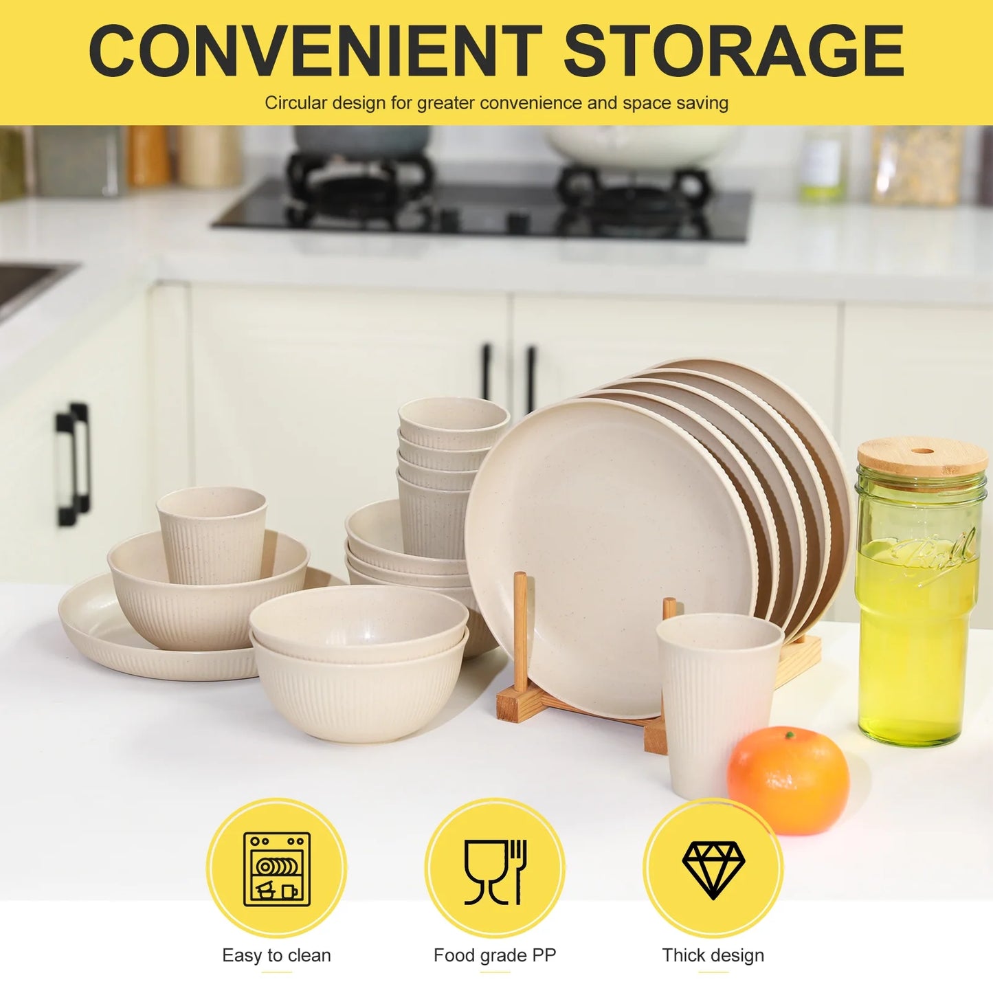 18 Pcs Wheat Straw Dinnerware Sets, Unbreakable Dinnerware Sets Kitchen Cups Plates and Bowls Sets Plates Set Reusable Microwave Dishwasher Safe