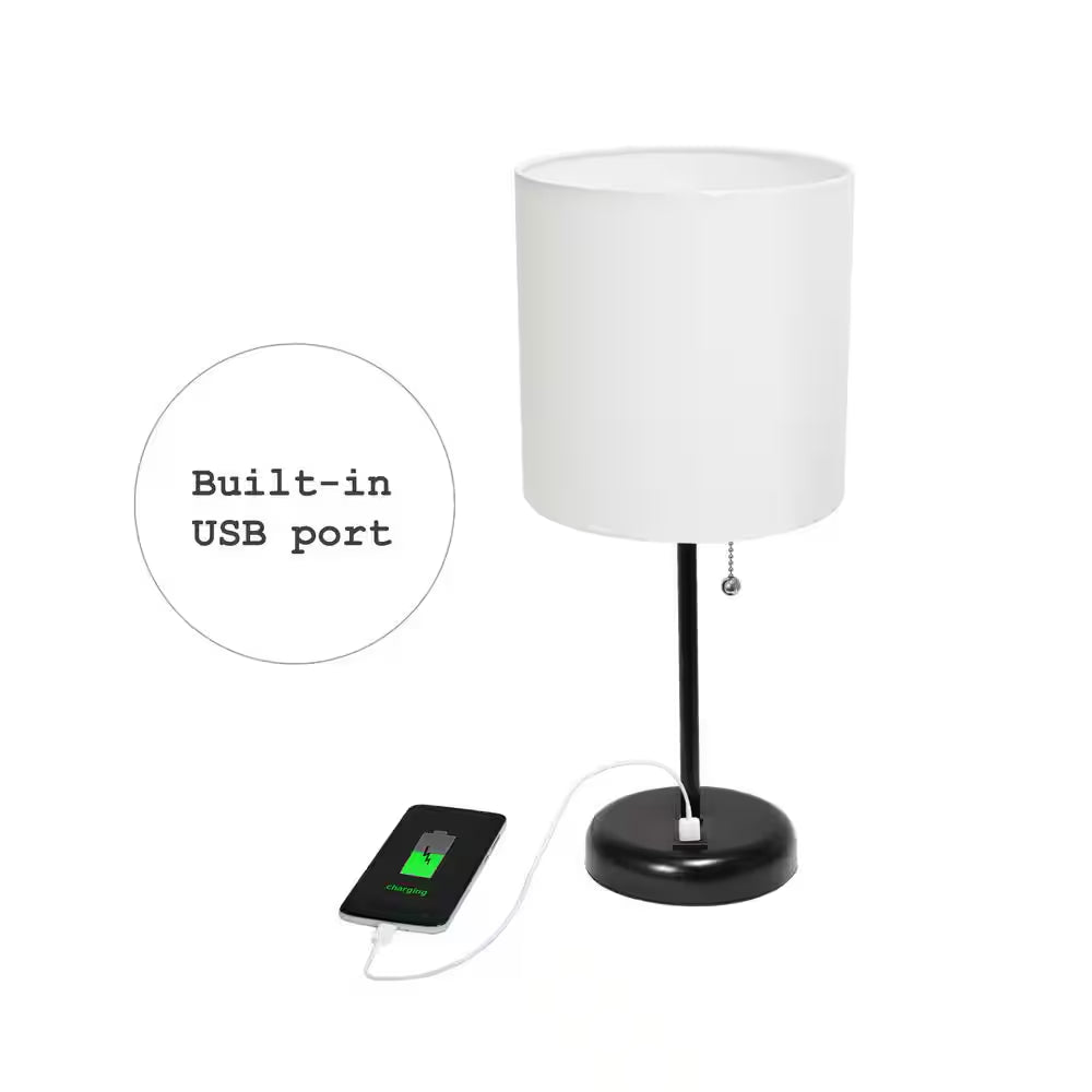 19.5 In. White and Black Stick Lamp with USB Charging Port