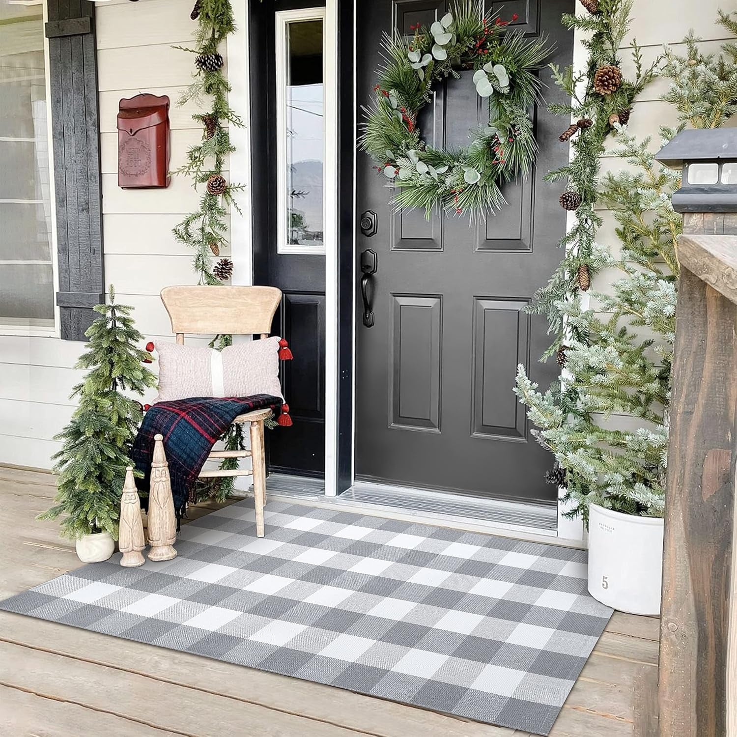 Buffalo Plaid Area Rugs 3X5 Ft Gray and White Checkered Rug Washable Front Door Mat Hand Woven Cotton Outdoor Rug Large Rug for Front Porch Kitchen Entryway Patio Bathroom