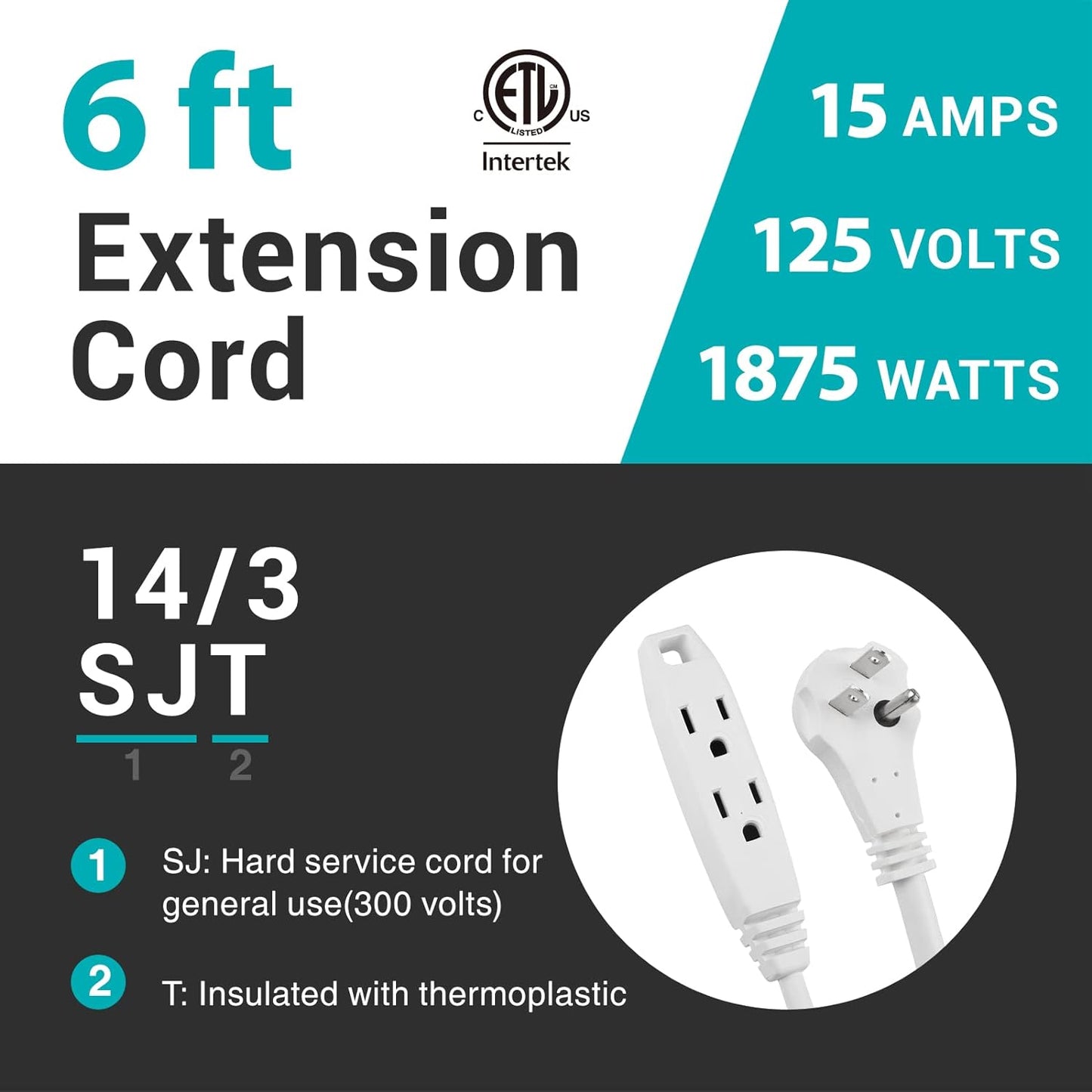 6 Ft 3 Outlet Heavy Duty Flat Plug Extension Cord 14/3 SJT for Small Tools, Appliance and Office Equipment, White, 3 Prong Grounded, DCIC-0046-DC