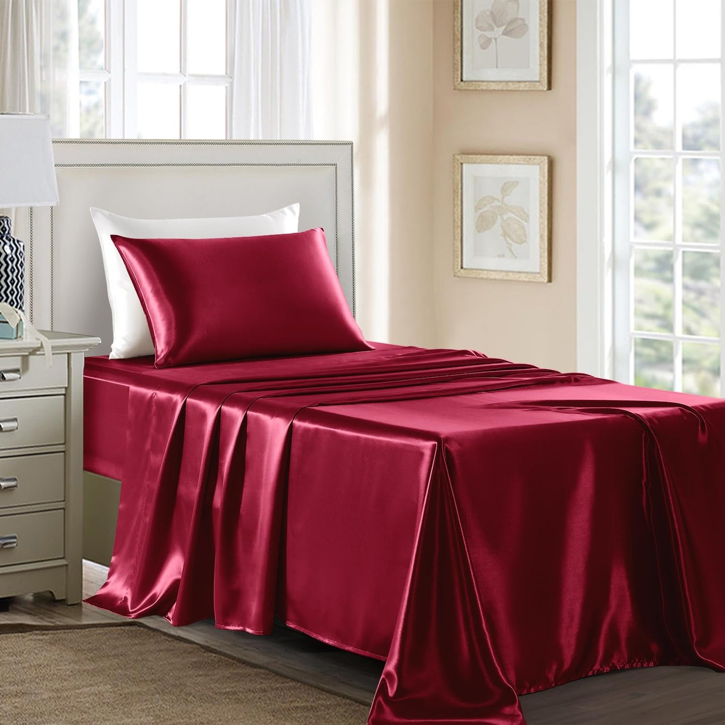 Satin Sheets Twin XL Size - 3 Pieces Luxury Silky Soft Bed Sheets, Wrinkle-Free Burgundy Satin Silk Sheet Set with 1 Deep Pocket Fitted Sheet, 1 Flat Sheet, 1 Pillow Case