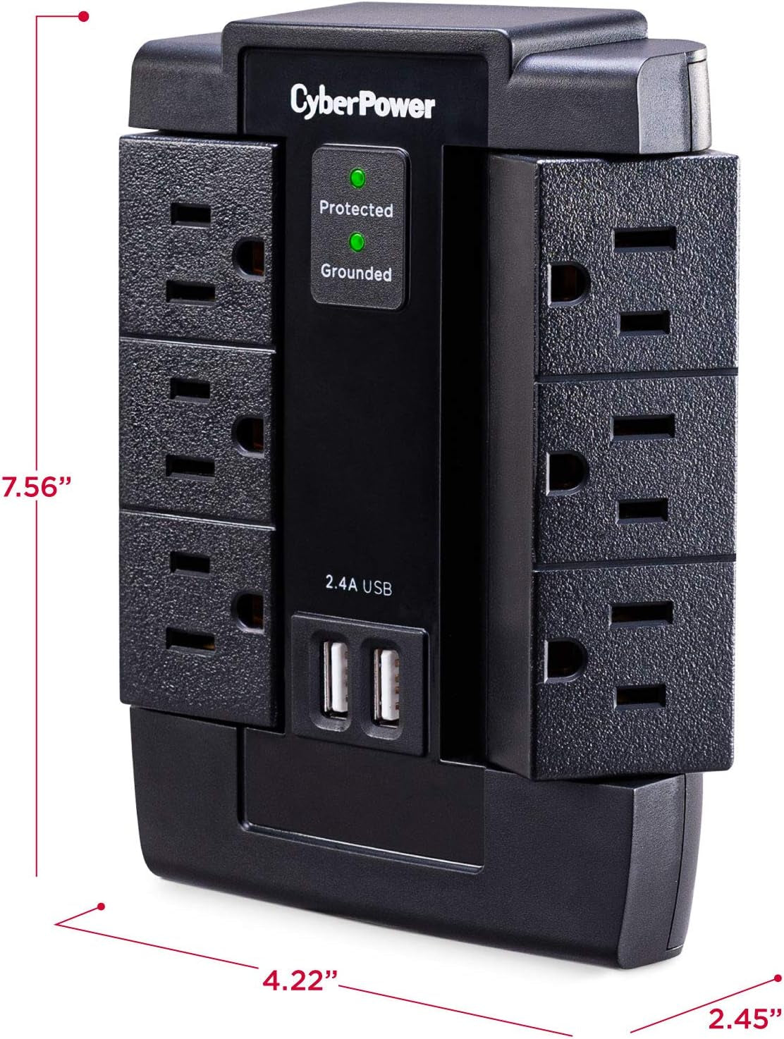 CSP600WSU Surge Protector, 1200J/125V, 6 Swivel Outlets, 2 USB Charging Ports, Wall Tap Design, Black