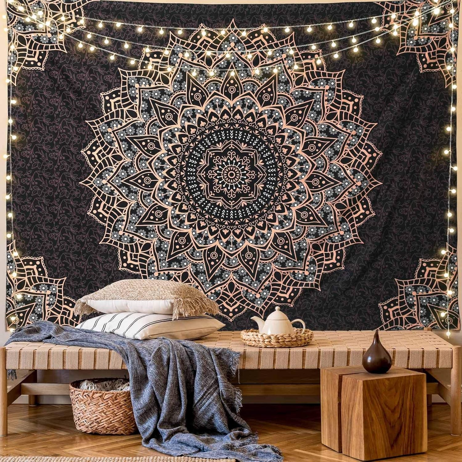 Black Mandala Tapestry Wall Hanging Psychedelic Aesthetic Indian Hippie Wall Decor Bohemian Wall Art Boho Home Decoration for Bedroom,Living Room,Dorm