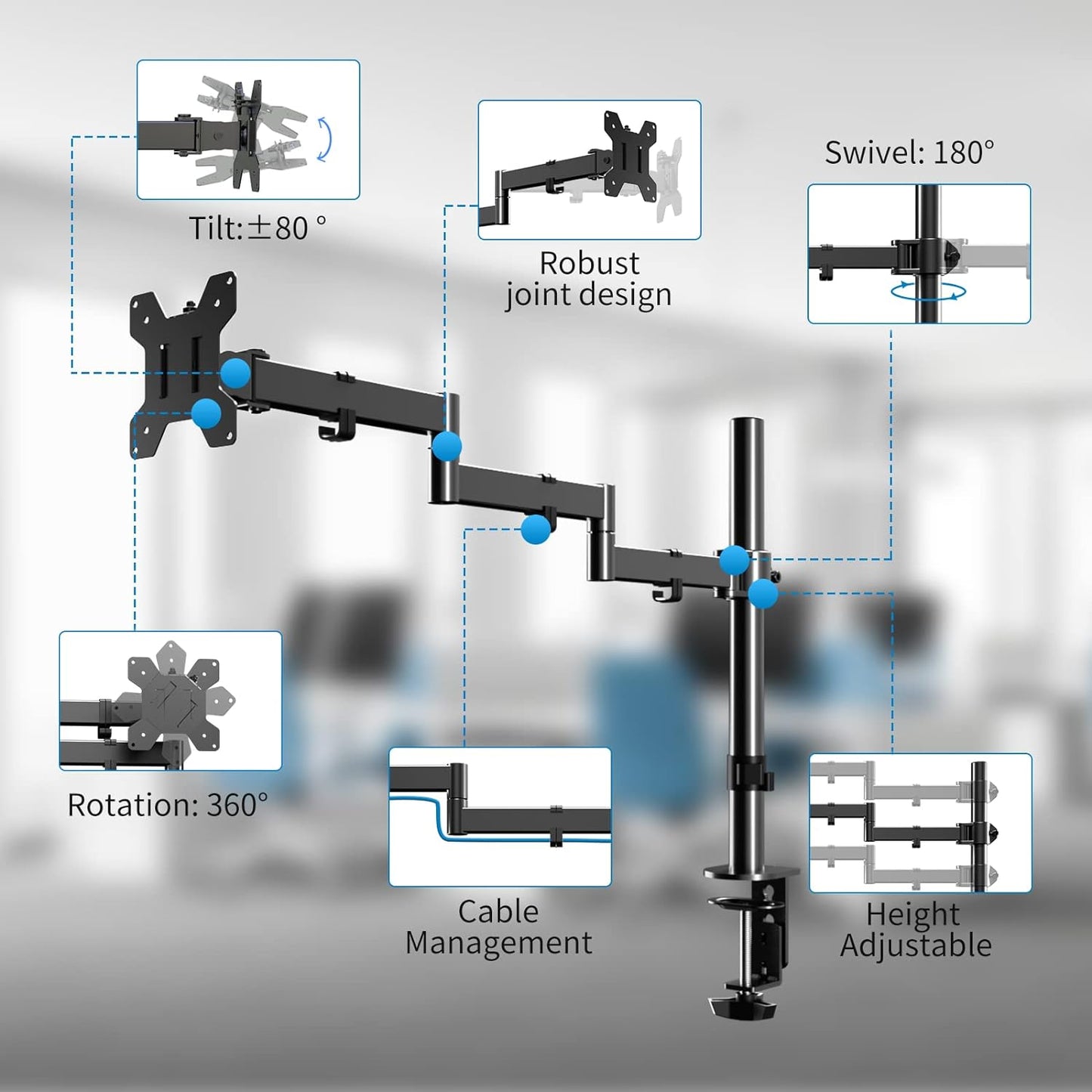 Single Long Monitor Stand, 13 to 32 Inch Computer Monitor Desk Mount, Extra Long Adjustable Monitor Arm, VESA Stand for 1 Screen, Max VESA 100X100, Single Monitor Mount, Long Monitor Arm MD9431