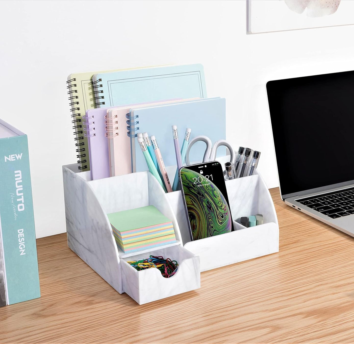 Marble Desk Organizer for Office Supplies and Accessories - 9 Sections - Pencil Pen Holder Storage - Desktop Organization Decor Essentials (White Grey Marble)