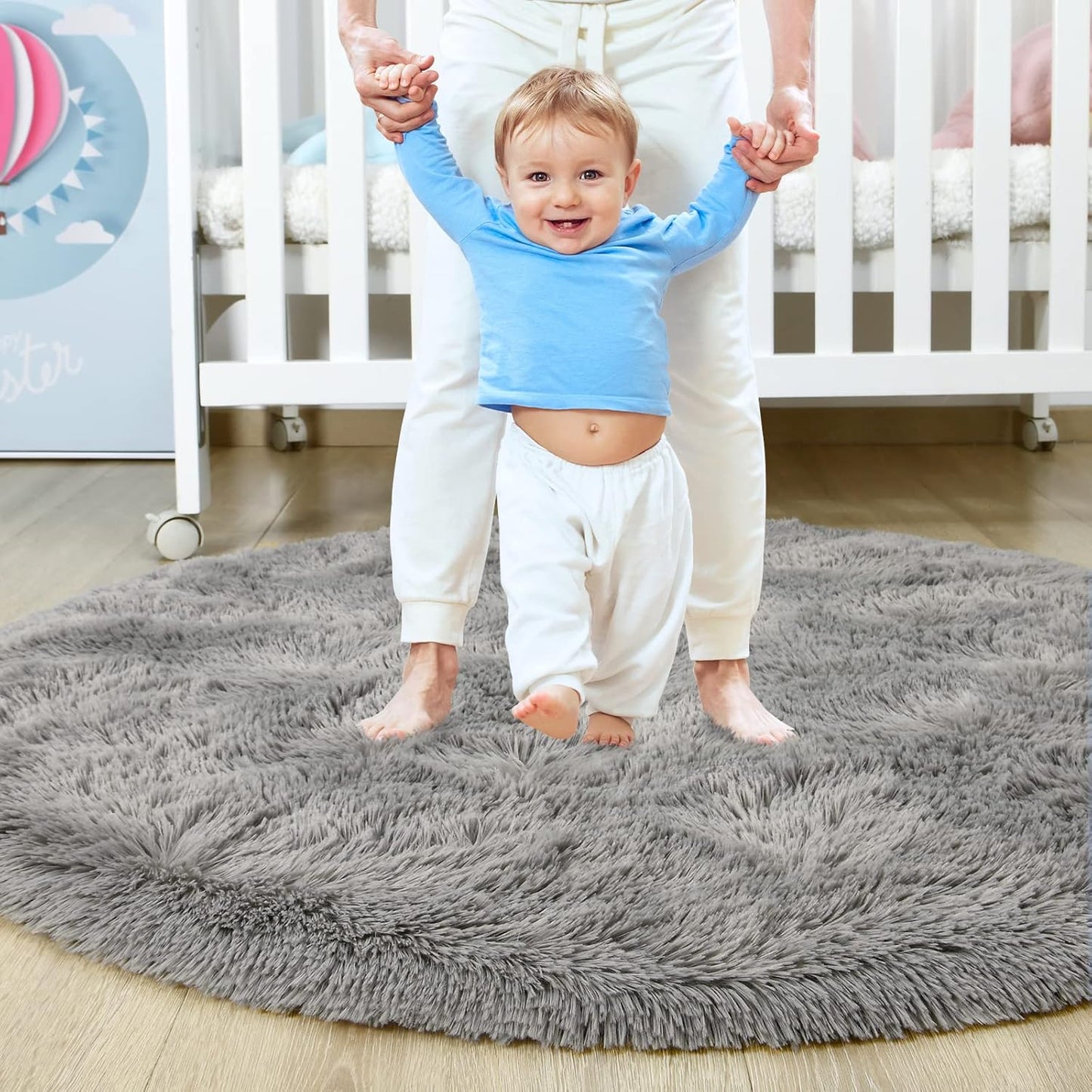 Grey round Rug for Boys, 4'X4' Fluffy Circle Rug for Kids Room, Cute Fuzzy Nursery Rugs Shaggy Play Mats for Teen Boys Furry Circular Living Room Rugs Bedroom Plush Carpet