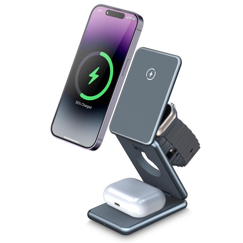 UNIQNOVA 3In1 Wireless Fast Charging Station for Iphone 16/15/14/13/12 Series, Airpods 3/2/Pro, Iwatch - Mag-Safe Metallic Foldable Charger Stand