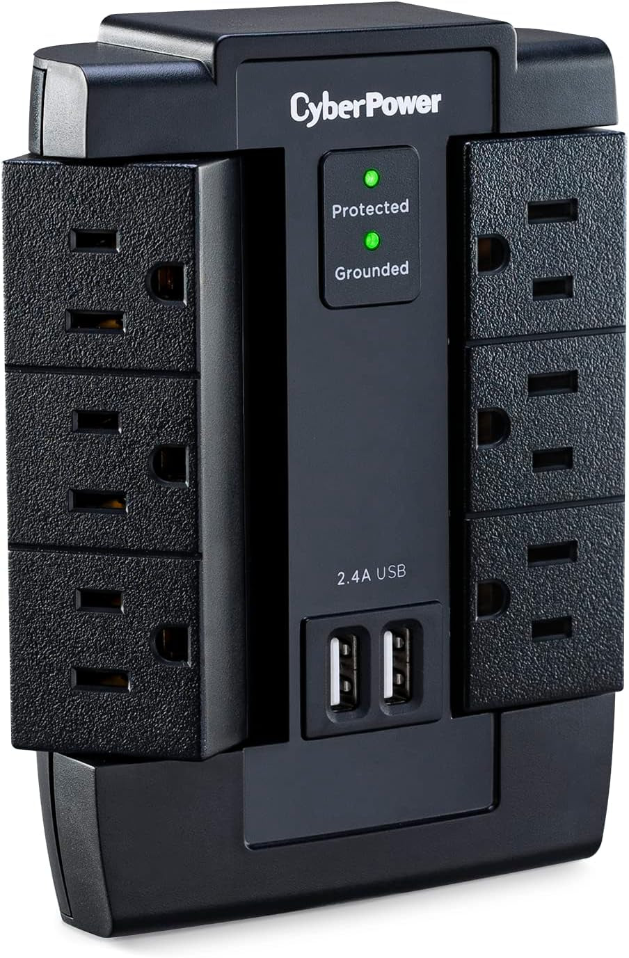 CSP600WSU Surge Protector, 1200J/125V, 6 Swivel Outlets, 2 USB Charging Ports, Wall Tap Design, Black