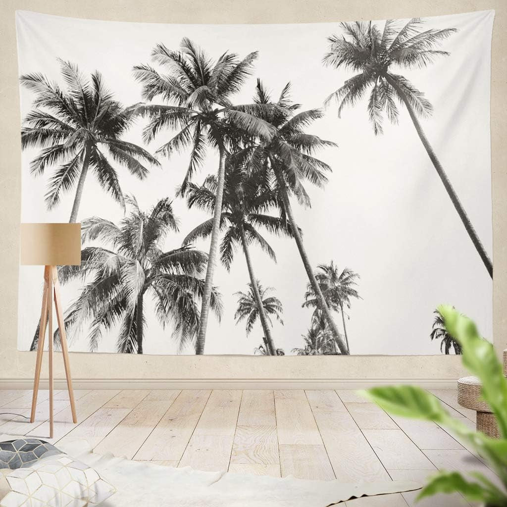 Ethnic Psychedelic Tapestry Wall Hanging Black and White Silhouettes Tropical Coconut Palm Trees White Palmliving Room Bedroom Art Nature Home Decorations 80 X 60 Inches