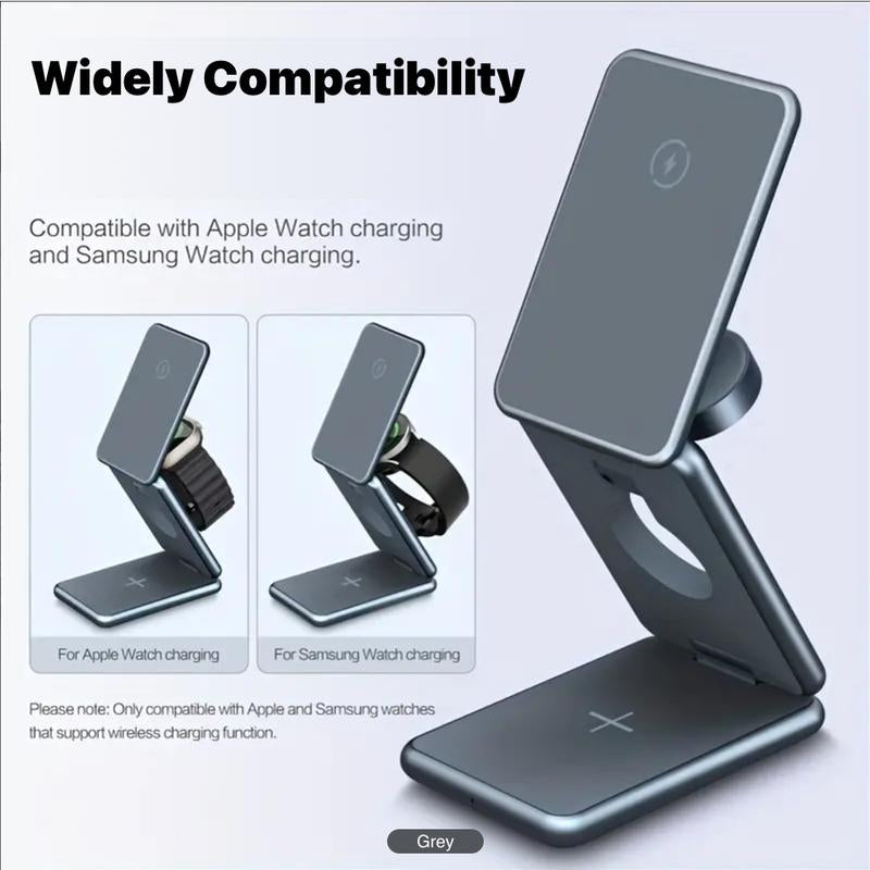 UNIQNOVA 3In1 Wireless Fast Charging Station for Iphone 16/15/14/13/12 Series, Airpods 3/2/Pro, Iwatch - Mag-Safe Metallic Foldable Charger Stand