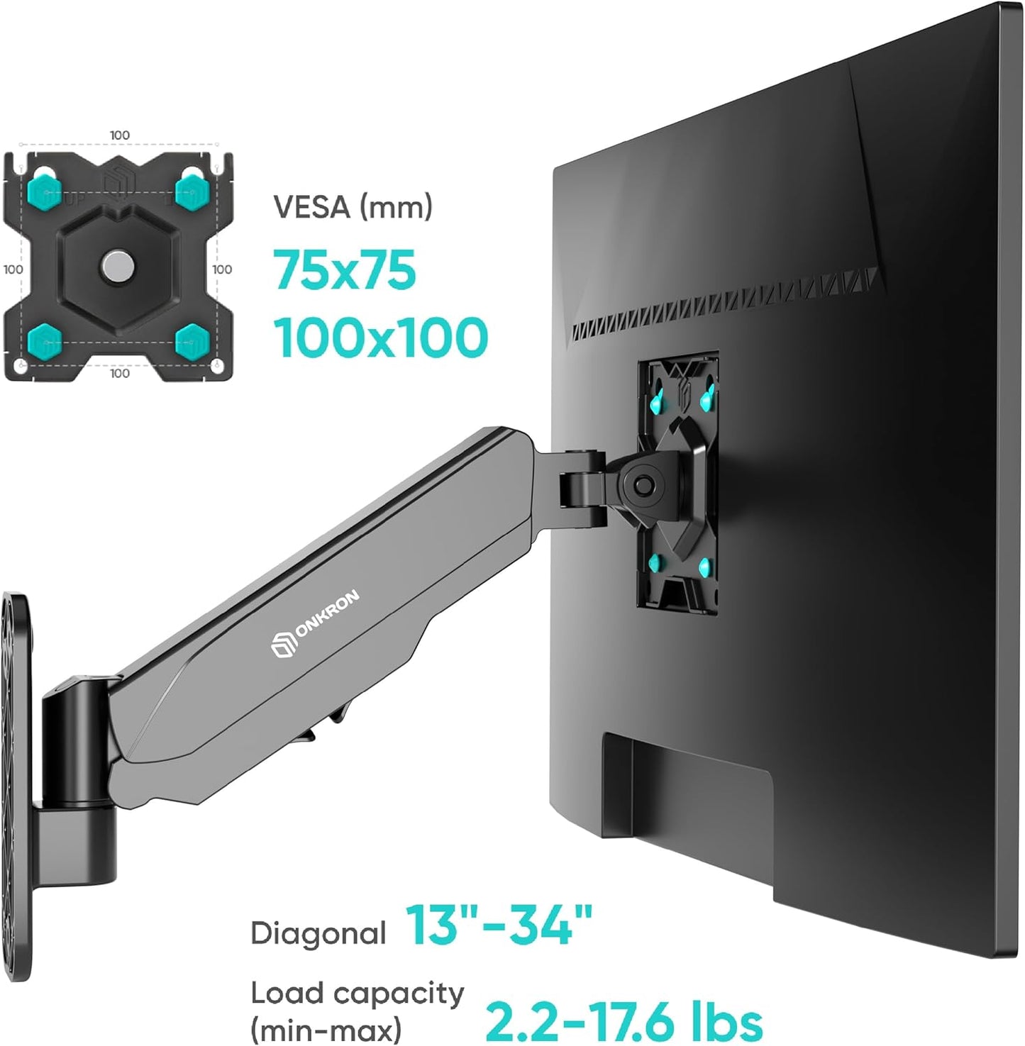 Single Monitor Wall Mount for 13-34 Inch Screen up to 17.6 Lbs, Gas Spring Monitor Arm Wall Mount 75X75 & 100X100 VESA - Height Adjustable TV Mount/Full Motion Monitor Wall Mount Arm Black