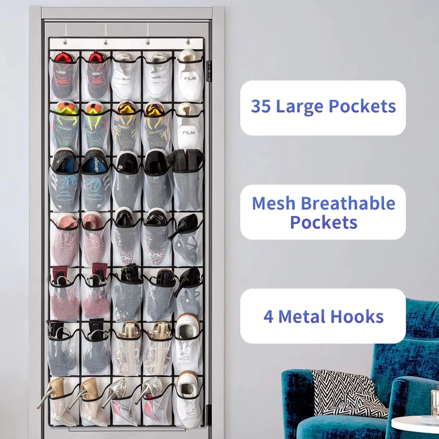 35 Pocket Wall-Mounted Sundries Shoe Organiser Closet Storage Shoe Rack Mesh Pocket Clear Hanging over the Door Shoe Organizers