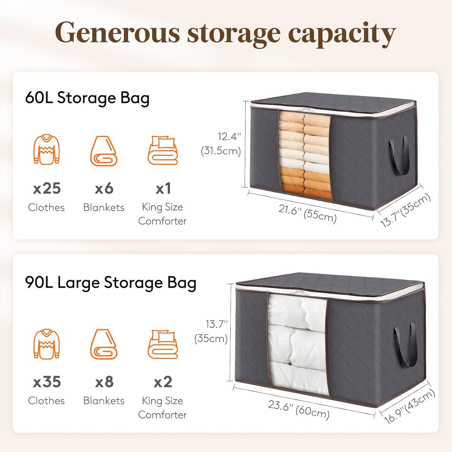 2 Pack Clothes Storage, Foldable Storage and Organization, Storage Bins with Lids, Blanket Storage with Clear Window, Closet Storage with Reinforced Handles for Clothing, Bedding, Gray