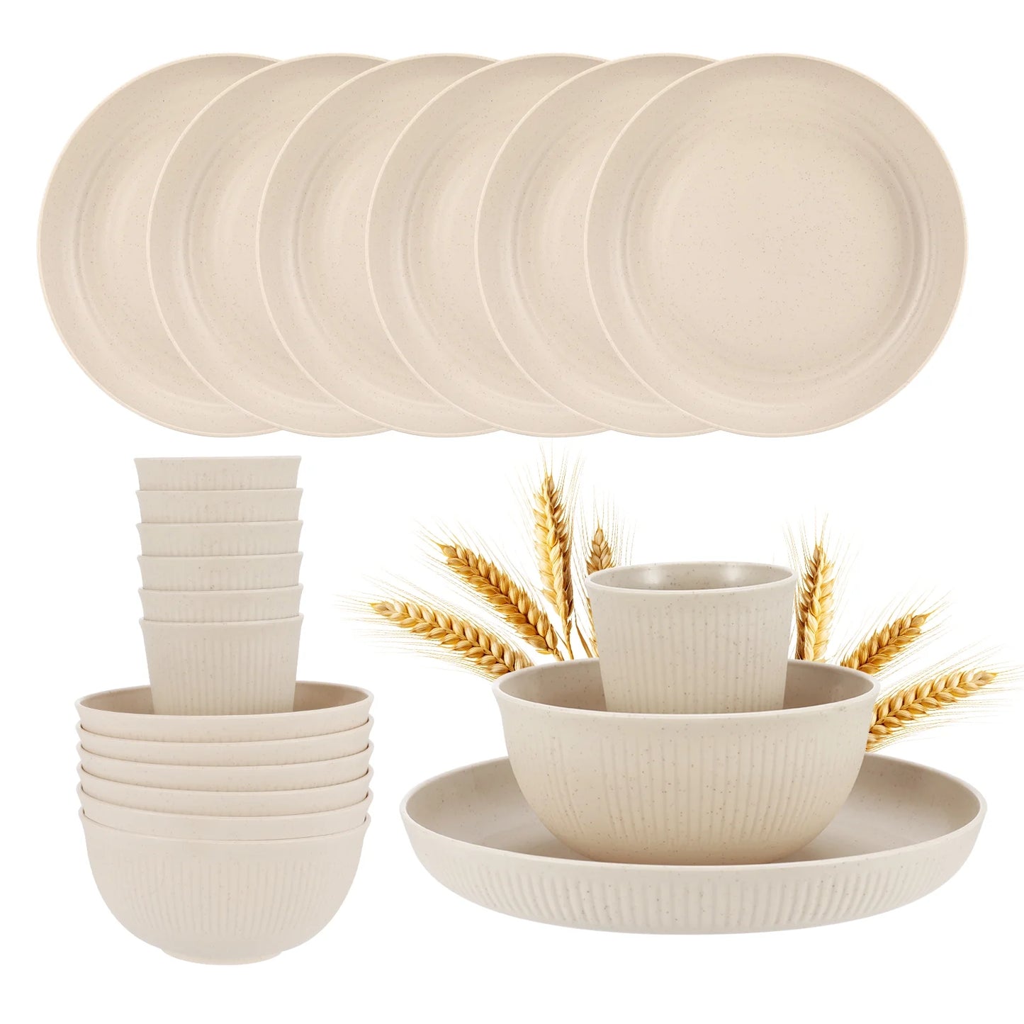 18 Pcs Wheat Straw Dinnerware Sets, Unbreakable Dinnerware Sets Kitchen Cups Plates and Bowls Sets Plates Set Reusable Microwave Dishwasher Safe