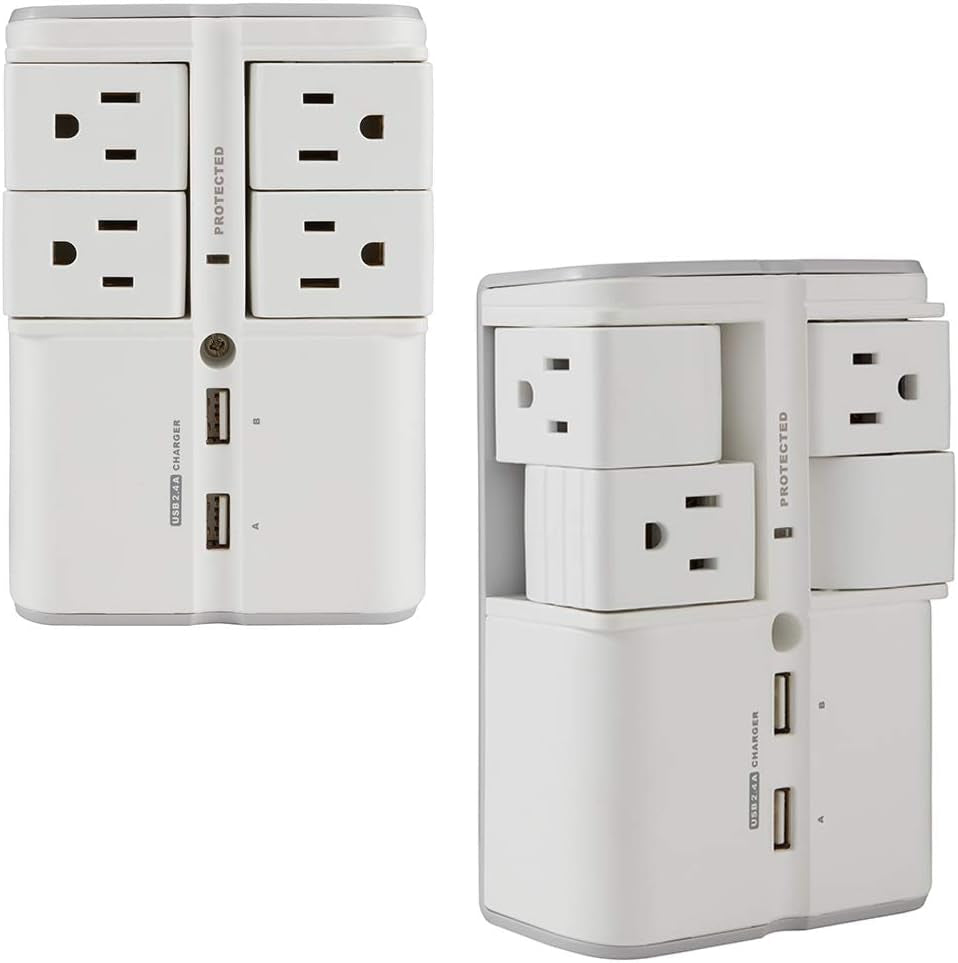 USB Wall Charger Surge Protector with 4 Pivoting AC Outlets & 2 USB Ports – Packs 1080 Joules of Surge Protection & Installs on Existing Outlets to Protect Gear (2 Pack)