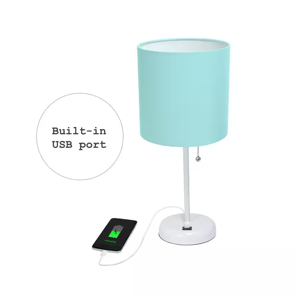 19.5 In. Aqua and White Stick Lamp with USB Charging Port