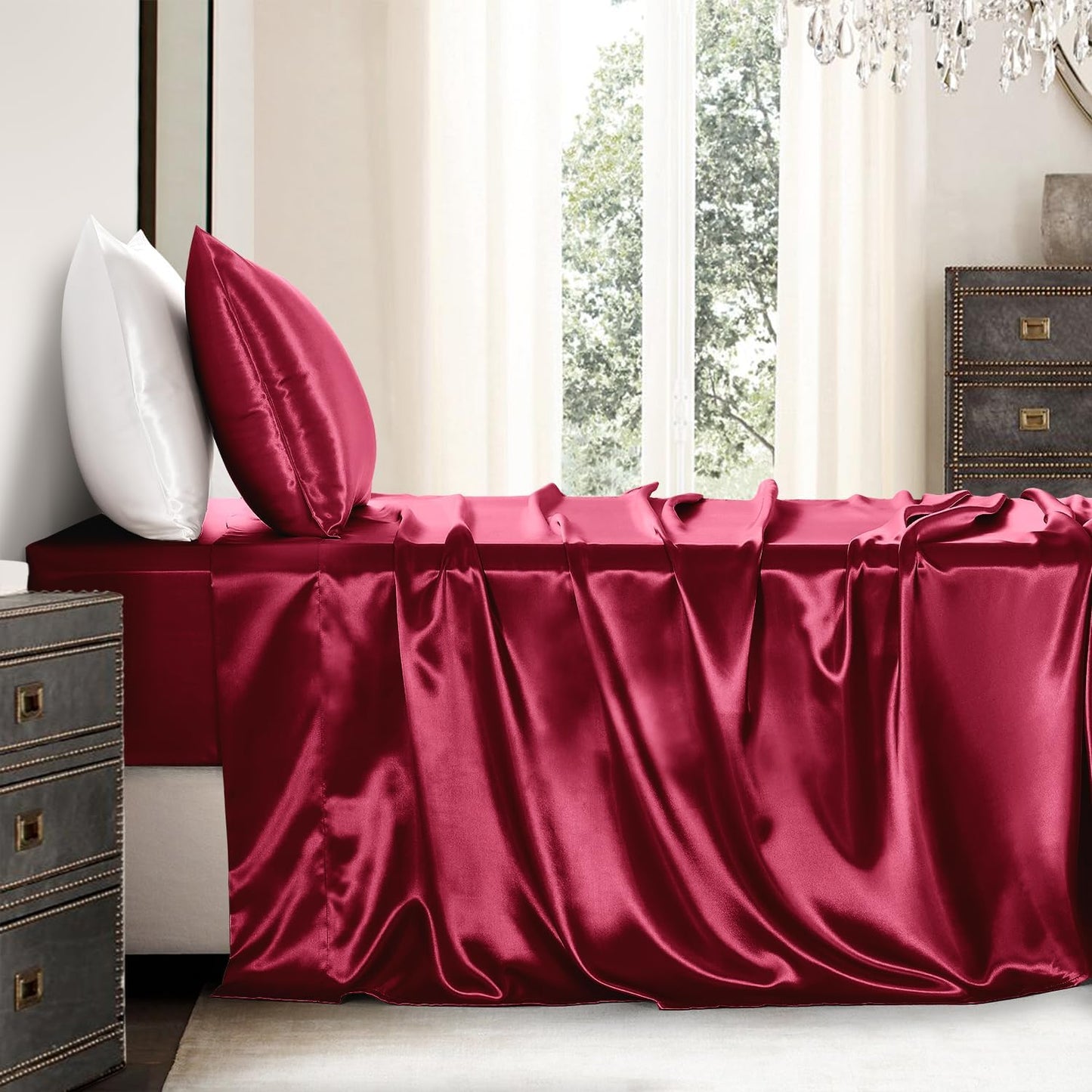 Satin Sheets Twin XL Size - 3 Pieces Luxury Silky Soft Bed Sheets, Wrinkle-Free Burgundy Satin Silk Sheet Set with 1 Deep Pocket Fitted Sheet, 1 Flat Sheet, 1 Pillow Case