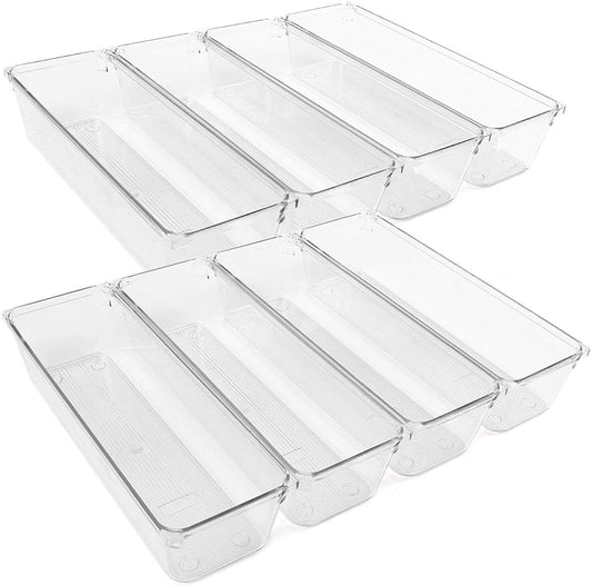 8Pcs Clear Plastic Drawer Organizers Storage Tray for Utensil Silverware Kitchen